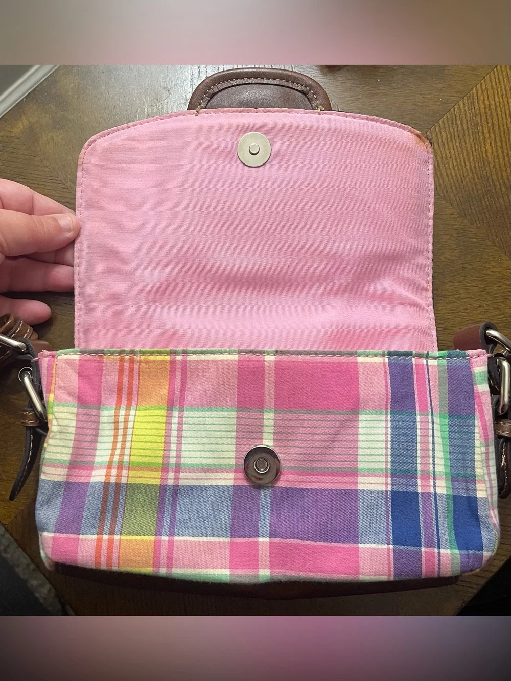 Chaps Brown Leather-Trim Plaid Crossbody Bag